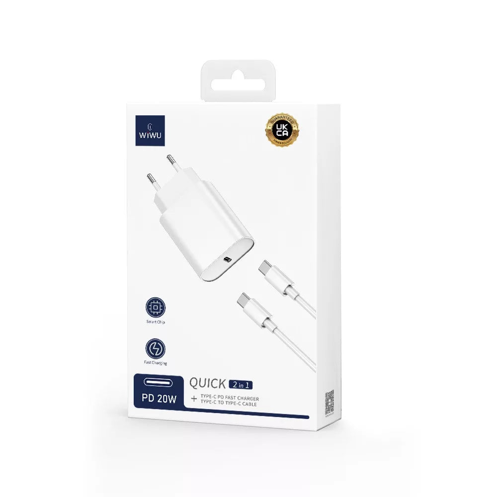 WIWU-Testina di ricarica rapida di rete con connettore Type-C + cavo dati Type-C - Type-C, PD, 3A / 20W, bianco, WIWU Wi-U001 Articolo n.:  6976195090048 - Luffy5